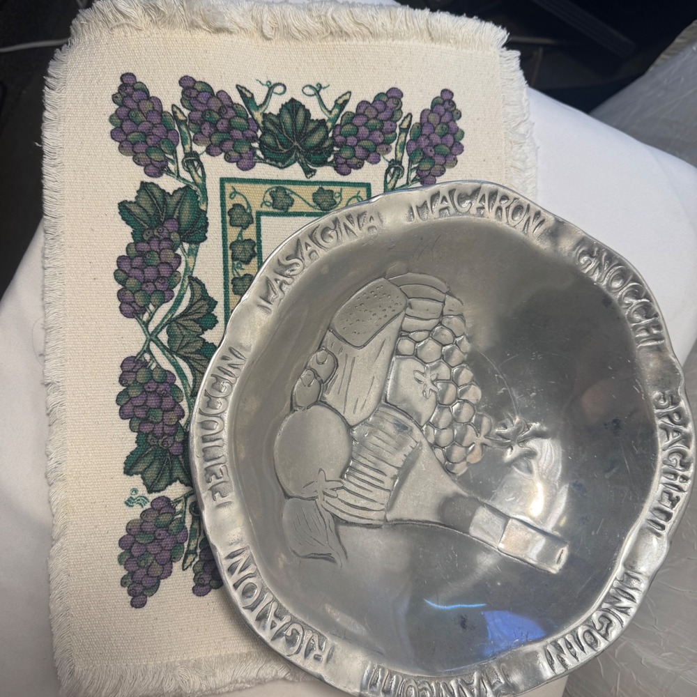 Italian Rustic Pewter Pasta Bowl and Grape Placemats Set‎ Silver Purple